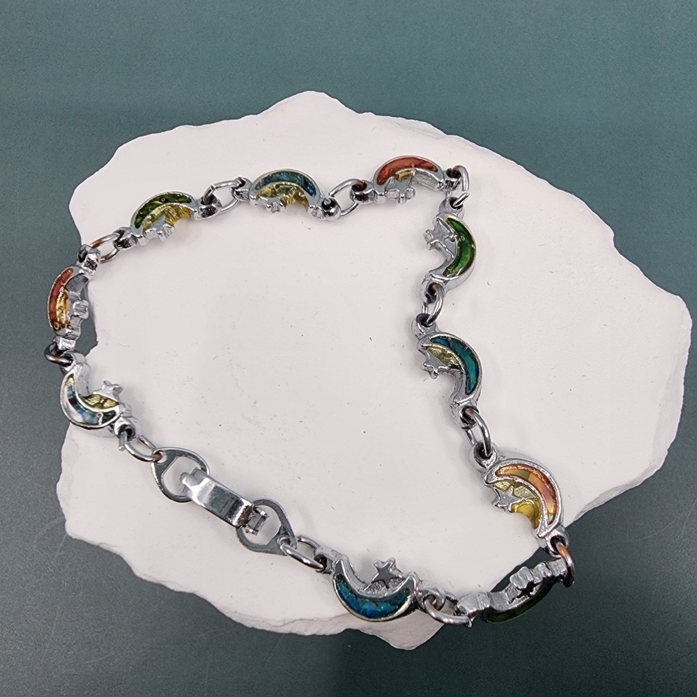 Celestial Moon Star Silver Tone Multicolor Inlay Link Bracelet Vintage Boho Y2K